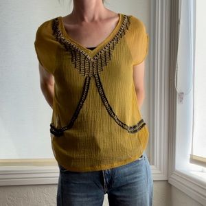 Sheer Beaded Yellow Blouse, Size XS